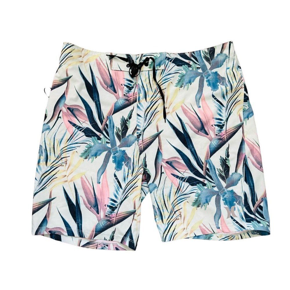 HURLEY Size 36 Swim Trunks Off-White Blue 9" In